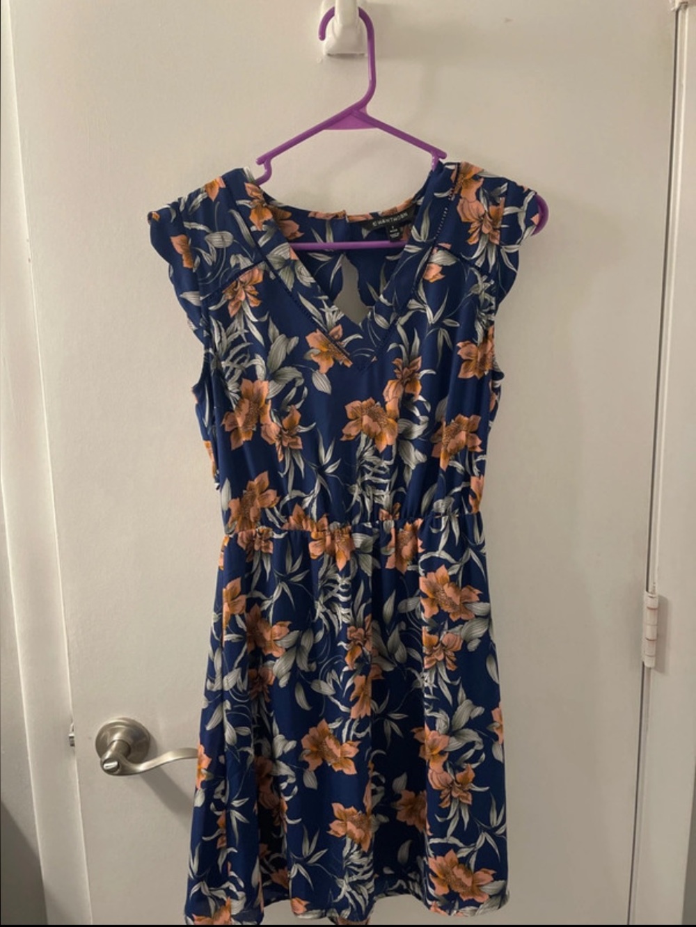 41 Hawthorn Navy Floral V-Neck Mini Dress with Peach Blooms